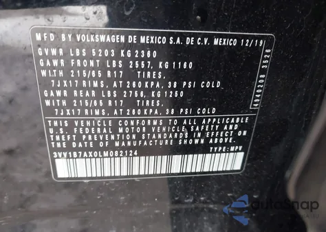 2020 Volkswagen Tiguan 2.0T S из США, поврежденный, VIN 3VV1B7AX0LM082124